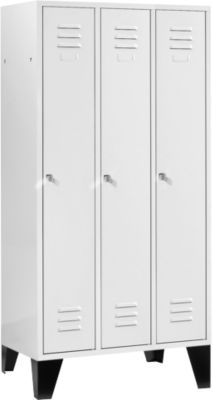 Kledinglocker, 3 compartimenten, met poten, cilinderslot, lichtgrijs