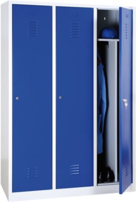 Kledinglocker, 3 deuren, B 1200 x H 1800 mm cilinderslot, lichtgrijs/blauw