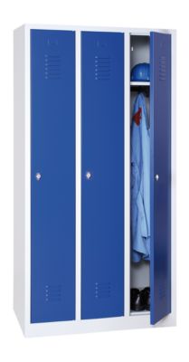 Kledinglocker, 3 deuren, B 900 x H 1800 mm draaigrendelslot, lichtgrijs/blauw