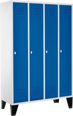 Kledinglocker, 4 compartimenten 300 mm, draaigrendelslot, met poten, deur gentiaanblauw