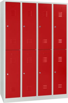 Kledinglocker, 4 compartimenten in twee rijen, B 1170 x H 1950 mm cilinderslot, lichtgrijs/vuurrood