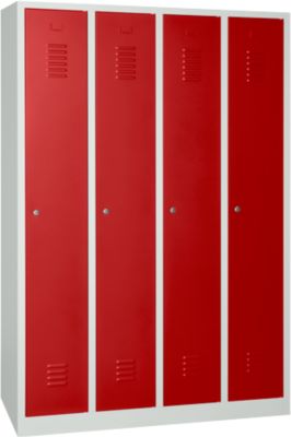 Kledinglocker - stalen - B 1170 x H 1800 mm - 4 deuren - cilinderslot - lichtgrijs en rood