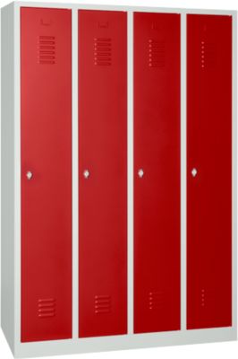 Kledinglocker - stalen - B 1170 x H 1800 mm - 4 deuren - draaislot- lichtgrijs en rood
