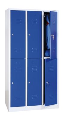 Kledinglocker, twee rijen, 2 x 3 compartimenten, cilinderslot, lichtgrijs RAL 7035/gentiaanblauw RAL 5010