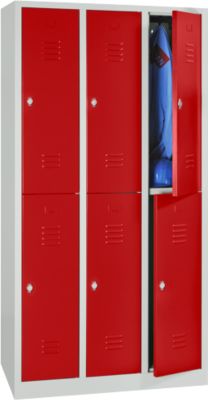 Kledinglocker, twee rijen, 2 x 3 compartimenten, draaigrendelslot, lichtgrijs RAL 7035/vuurrood RAL 3000