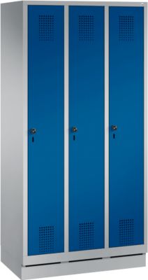 kleerkast Evolo S 3000, 3 compartimenten, staal, sokkelhoogte 100 mm, veiligheidsslot met draaislot, wit aluminium/enziumblauw