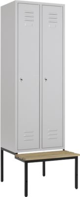 Kleiderspind, 2 Abt., 300 mm, Drehriegelverschluss, m. Sitzbank, Tür lichtgrau