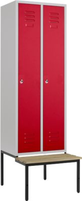 Kleiderspind, 2 Abt., 300 mm, Drehriegelverschluss, m. Sitzbank, Tür rubinrot