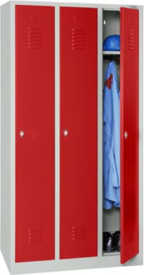 Kleiderspind, 3 Türen, B 900 x H 1800 mm, Drehriegelverschluss, lichtgrau/rot