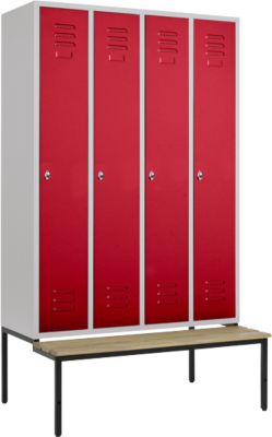 Kleiderspind, 4 Abt., 300 mm, Drehriegelverschluss, m. Sitzbank, Tür rubinrot