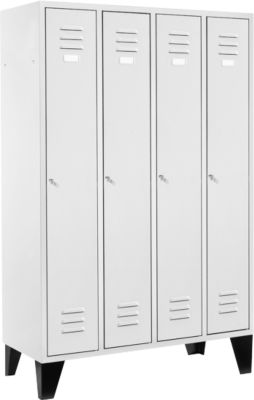 Kleiderspind, 4 Abteile, Füße, Zylinderschloss, 84 kg, lichtgrau