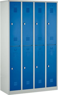 Kleiderspind, 4 Abteile übereinander, B 1170 x H 1950 mm, Drehriegelverschluss, lichtgrau/enzianblau