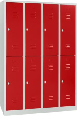 Kleiderspind, 4 Abteile übereinander, B 1170 x H 1950 mm, Drehriegelverschluss, lichtgrau/feuerrot