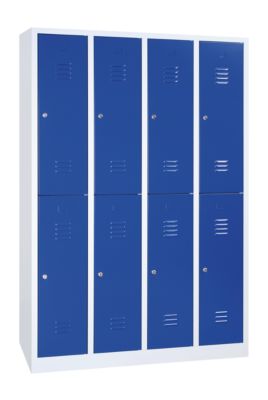 Kleiderspind, 4 Abteile übereinander, B 1170 x H 1950 mm, Zylinderschloss, lichtgrau/enzianblau