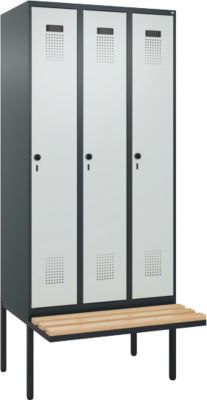 Kleiderspind C+P Evolo Plus, 3 Abteile à 300 mm Breite, schwebende Sitzbank, B 900 x T 815 x H 2120 mm, Drehriegel, anthrazit/lichtgrau