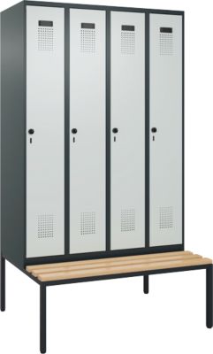 Kleiderspind C+P Evolo Plus, 4 Abteile, 300 mm Abteilbreite, mit untergebauter Sitzbank, B 1200 x T 815 x H 2120 mm, Drehriegel, anthrazitgrau/lichtgrau
