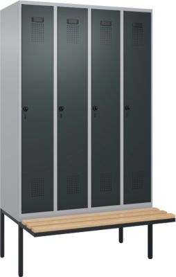 Kleiderspind C+P Evolo Plus, 4 Abteile à 300 mm Breite, schwebende Sitzbank, B 1200 x T 815 x H 2120 mm, Drehriegel, weißaluminium/anthrazit