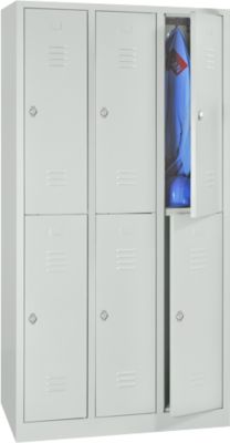 Kleiderspind, doppelstöckig, 2 x 3 Abteile, Drehriegelverschluss, lichtgrau RAL 7035/lichtgrau RAL 7035