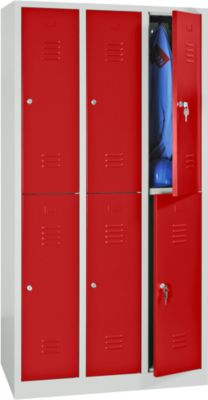 Kleiderspind, doppelstöckig, 2 x 3 Abteile, Zylinderschloss, lichtgrau RAL 7035/feuerrot RAL 3000