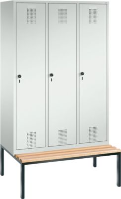 Kleiderspind Evolo S 3000, untergebaute Sitzbank, 3 Abteile, Stahl, Sicherheitsdrehriegelverschluss, lichtgrau/lichtgrau