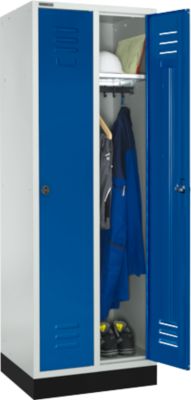 Kleiderspind mit 2 Abteilen, 300 mm, Drehriegelverschluss, mit Sockel, Tür enzianblau