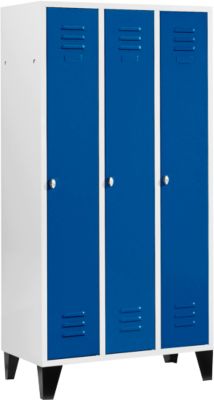 Kleiderspind mit 3 Abteilen, 300 mm, Drehriegelverschluss, mit Füßen, Tür enzianblau