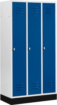 Kleiderspind mit 3 Abteilen, 300 mm, Drehriegelverschluss, mit Sockel, Tür enzianblau