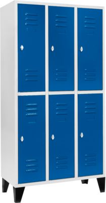 Kleiderspind, mit 3 x 2 Abteilen, 300 mm, mit Füßen, Drehriegelverschluss, Tür enzianblau