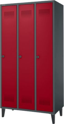 Kleiderspind mit Füßen, 3 Abteile, 300 mm Abteilbreite, Sicherheitsdrehriegelverschluss, anthrazit/rubinrot