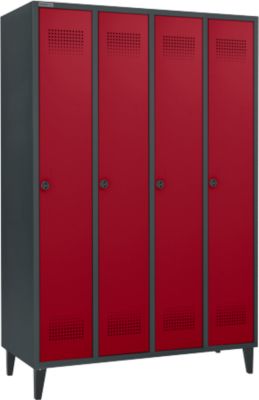 Kleiderspind mit Füßen, 4 Abteile, 300 mm Abteilbreite, Drehriegelverschluss, anthrazit/rubinrot