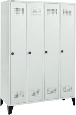 Kleiderspind mit Füßen, 4 Abteile, 300 mm Abteilbreite, Drehriegelverschluss, lichtgrau