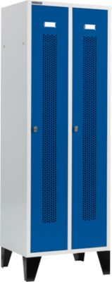 Kleiderspind, mit gelochten Streifen, 2 Abteile, 300 mm, mit Füßen, Drehriegelverschluss, Tür enzianblau