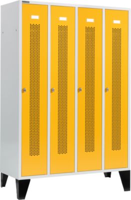 Kleiderspind mit gelochten Streifen, 4 Abteile, mit Füßen, Drehriegelverschluss, Tür rapsgelb