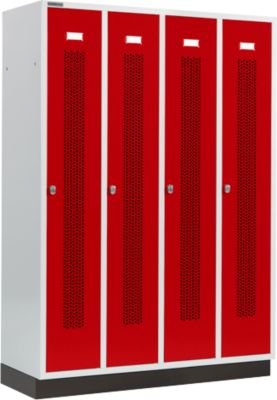 Kleiderspind mit gelochten Streifen, 4 Abteile, mit Sockel, Drehriegelverschluss, Tür rubinrot