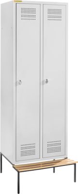 Kleiderspind mit Sitzbank, 2 Abteile, 300 mm Abteilbreite, Sicherheitsdrehriegelverschluss, lichtgrau