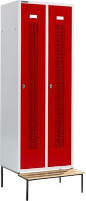 Kleiderspind, mit Sitzbank, 2 Abteile, 300 mm, Drehriegelverschluss, Tür rubinrot