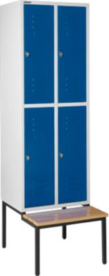 Kleiderspind, mit Sitzbank, 2x2 Abteile, 300mm, Drehriegelverschluss, lichtgrau/enzianblau