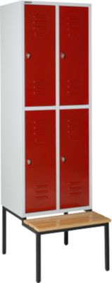 Kleiderspind, mit Sitzbank, 2x2 Abteile, 300mm, Drehriegelverschluss, lichtgrau/rubinrot