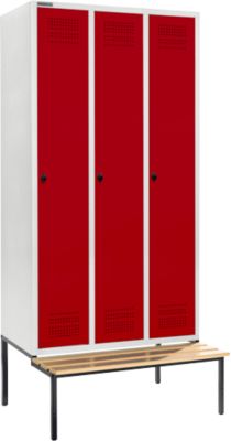 Kleiderspind mit Sitzbank, 3 Abteile, 300 mm Abteilbreite, Sicherheitsdrehriegelverschluss, lichtgrau/rubinrot