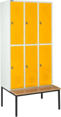 Kleiderspind, mit Sitzbank, 3x2 Abteile, 300mm, Drehriegelverschluss,Tür gelb