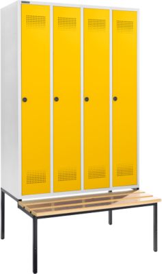 Kleiderspind mit Sitzbank, 4 Abteile, 300 mm Abteilbreite, Sicherheitsdrehriegelverschluss, lichtgrau/gelb