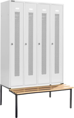 Kleiderspind, mit Sitzbank, 4 Abteile, 300 mm, Drehriegelverschluss, Tür lichtgrau