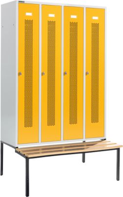 Kleiderspind, mit Sitzbank, 4 Abteile, 300 mm, Drehriegelverschluss, Tür rapsgelb