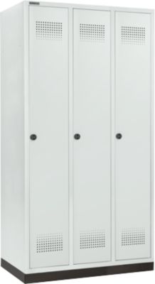 Kleiderspind mit Sockel, 3 Abteile, 300 mm Abteilbreite, Sicherheitsdrehriegelverschluss, lichtgrau
