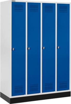 Kleiderspind mit Sockel, 4 Abteile, Drehriegelverschluss, lichtgrau/enzianblau