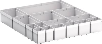 Kleinteileboxen bott verso, für Schubladen, Set aus 15 Boxen, für Fronthöhe 100/125 mm, B 525 x T 550 x H 77 mm, Stahlblech