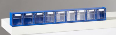 Kleinteilemagazin MultiStore, Reihengröße 9, B 600 x T 51 x H 77 mm, Volumen 0,9 l, stapelbar, Polystyrol, blau/transp.