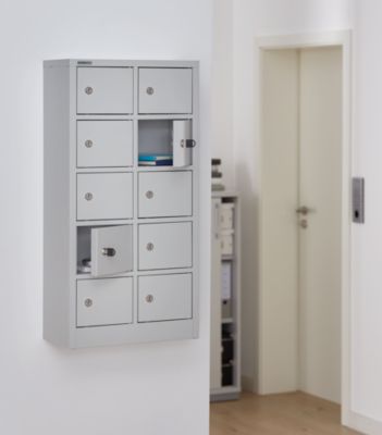 Kluis met 10 afsluitbare compartimenten - metaal - B 390 x D 200 x H 780 mm - lichtgrijs RAL 7035 - met metalen afdekplaat - ons merk Schäfer Shop Select