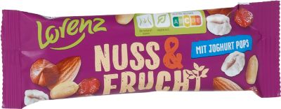 Knabbergebäck Lorenz Nuss & Frucht Pops, Mischung aus Nüssen und Früchten mit Joghurtcreme, 28 Tüten mit jeweils 40 g, in Spenderkarton