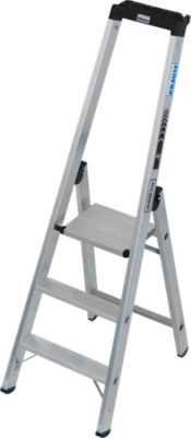 KRAUSE STABILO Stehleiter 3 Stufen, 225 kg, rutschhemmende Alu-Plattform, 80 mm D-Stufen, Sicherheitsbügel, Werkzeugablage
